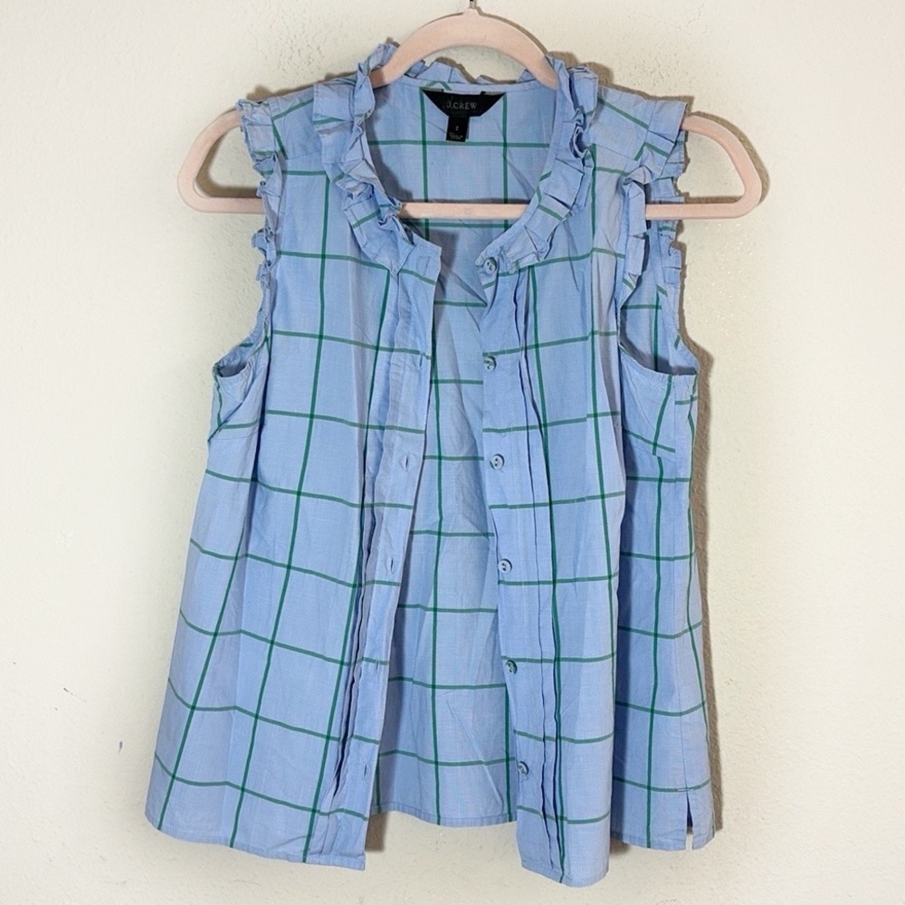 J.‎ Crew Ruffle Button Down Shirt Windowpane Plaid 100% cotton blue green size 2 - Picture 3 of 9